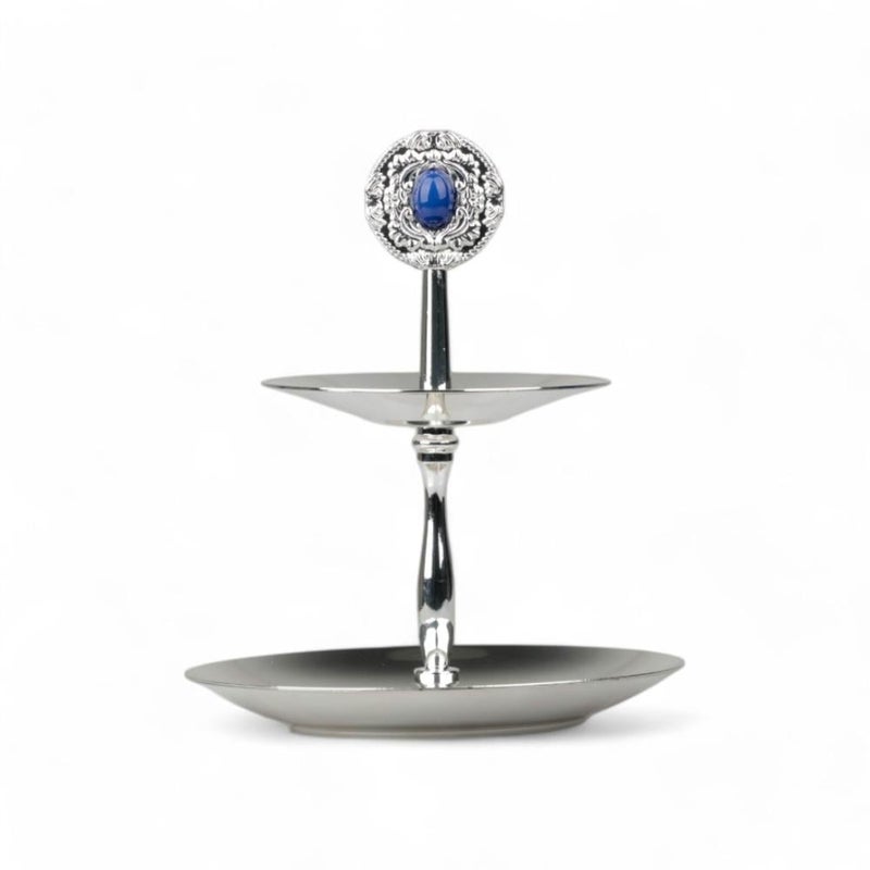 Soleter Dessert Stand 16cm Silver/Blue - 2-Tier Metal Stand with Ornate Blue Stone Finial & Filigree Detail, Premium Serveware for Wedding & Home Decor