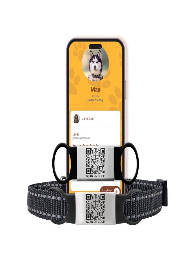 PAWNIMALS Smart Slide-On QR Code Pet Tag - Silent Dog & Cat ID Tag with Laser Engraving - Stainless Steel & Silicone - No App Needed - Custom Pet Profile - Fits Most Collars (Black, Large) - Image 1