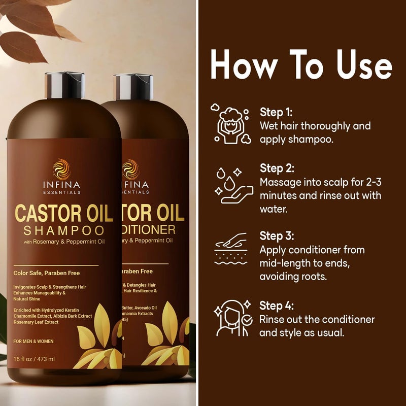 INFINA ESSENTIALS Castor Oil Shampoo and Conditioner Set for Hair Growth with Rosemary & Peppermint Oil - Cleanse Hair, Strengthen & Shine with Castor Shampoo and Conditioner - Anti-Hair Loss for Men & Women - 16 fl oz - Image 4