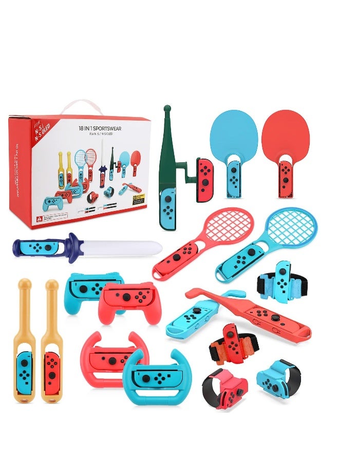 18 in 1 Switch Sport Games Accessories Bundle for Nintendo Switch Games, Family Bundle Accessory Kit with Tennis Racket Controller Grips Racing Wheel Bandage Golf Club Wheels Drum Stick Fishing Rod  - Image 1