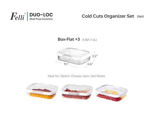 Felli Duo Loc Deli Meat Containers for Fridge with Airtight Lids, Stackable Refrigerator Organizer for Lunch Meat Storage Sandwich Ham Cheese Salami Sliced Turkey, Clear Tritan Box (Cold Cuts 3pk) - Image 4