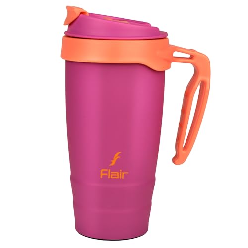 FLAIR Kafe Vacuum Insulated Stainless Steel Travel Mug 500ml -Pink, Hot & Cold,Leak-Proof,Flip Lock Lid,Easy to Clean, Carry Handle–Stylish Tumbler for Office,Coffee Mug - Image 1