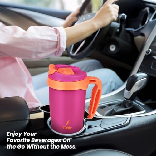 FLAIR Kafe Vacuum Insulated Stainless Steel Travel Mug 500ml -Pink, Hot & Cold,Leak-Proof,Flip Lock Lid,Easy to Clean, Carry Handle–Stylish Tumbler for Office,Coffee Mug - Image 2