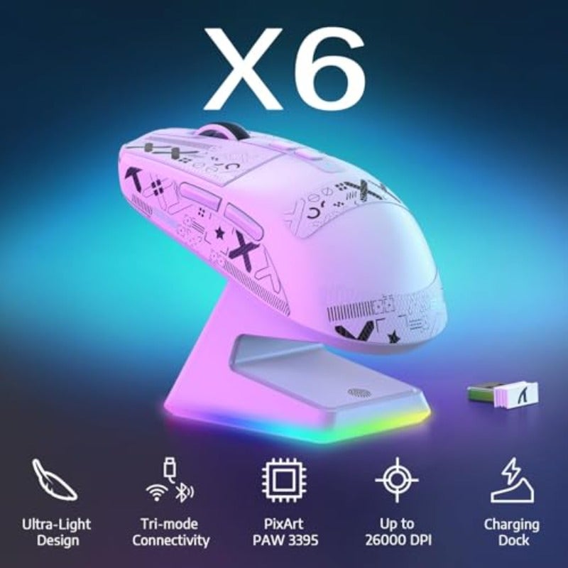 MAMBASNAKE Attack Shark X6 Wireless Gaming MouseRGB Magnetic Charging Dock X3 Upgrade 49g Ultralight 2.4GHz BT5.2 USB-C Tri-Mode PAW3395 Sensor 26KDPI G502 Programmable Mice for Win Mac-WhiteTape - Image 2