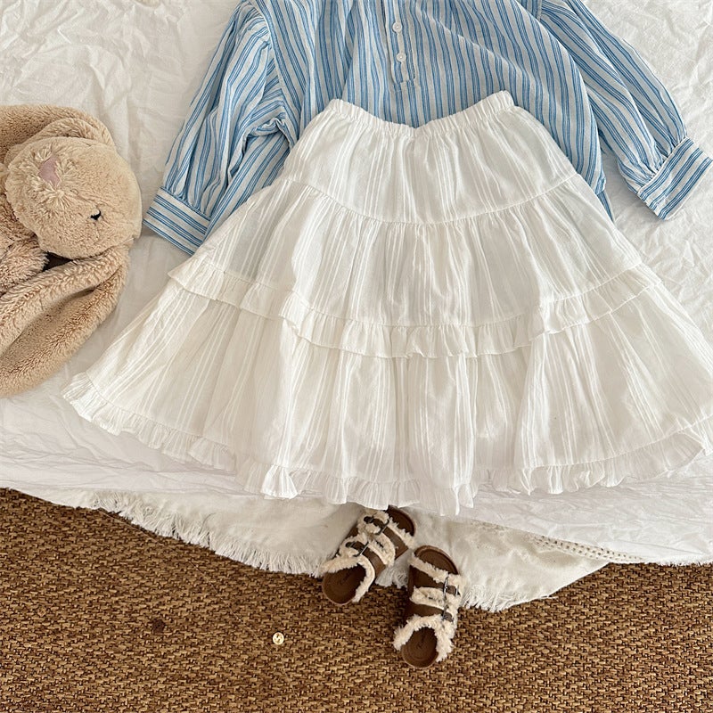 Xi Fan 2024 Autumn New Girls Western Style Solid Color Stitching Ear Edge Skirt Childrens Sweet Korean Style Long Skirt white 