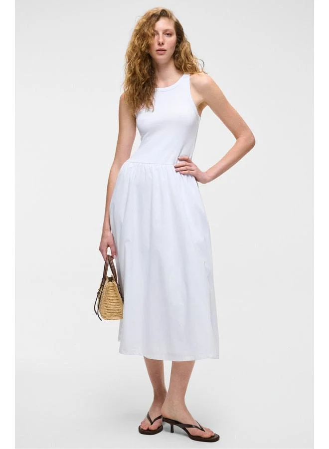 Catala Women's Poplin Woven Body‑Hugging Deep Neck Sleeveless White Dress.