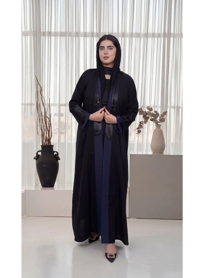 Fashion Line Elegant Black Abaya with Silk Lapel and Purple Ribbed Trim Accent