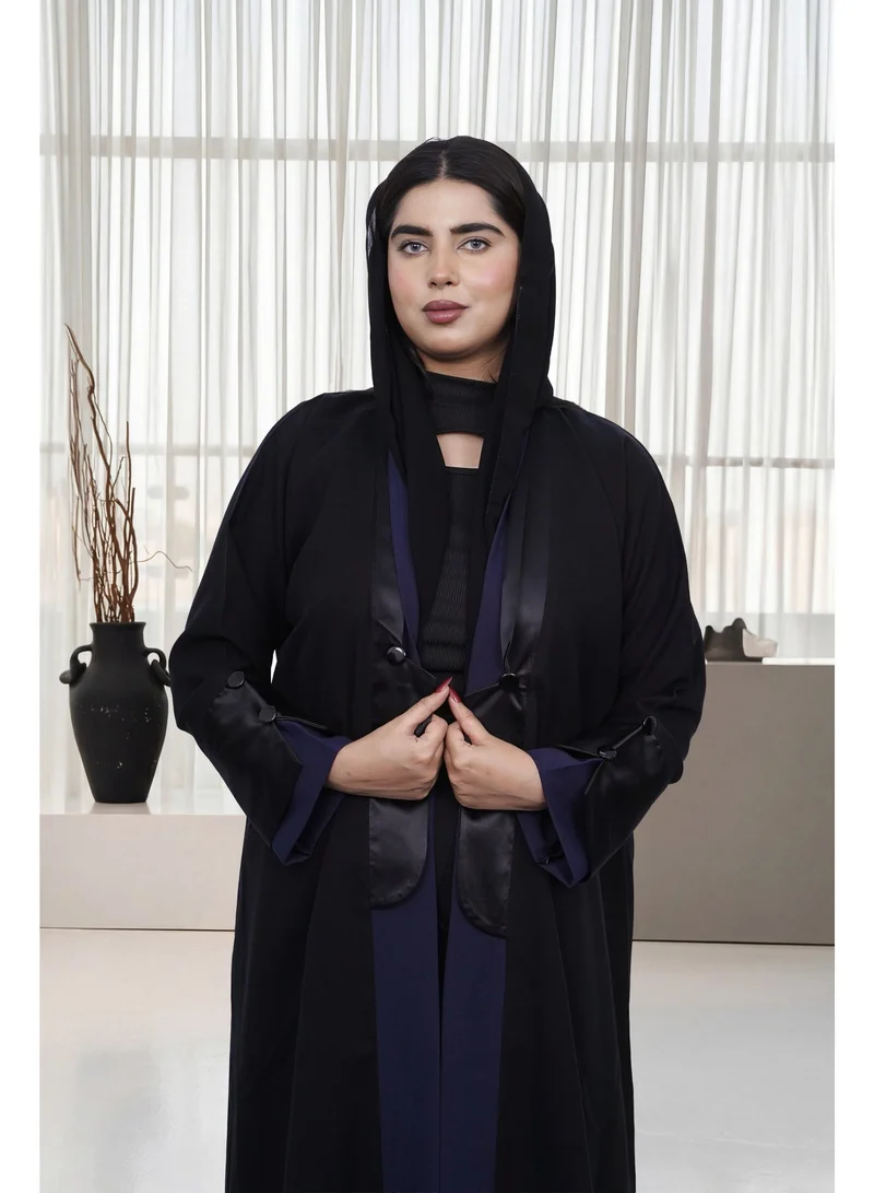 Fashion Line Elegant Black Abaya with Silk Lapel and Purple Ribbed Trim Accent