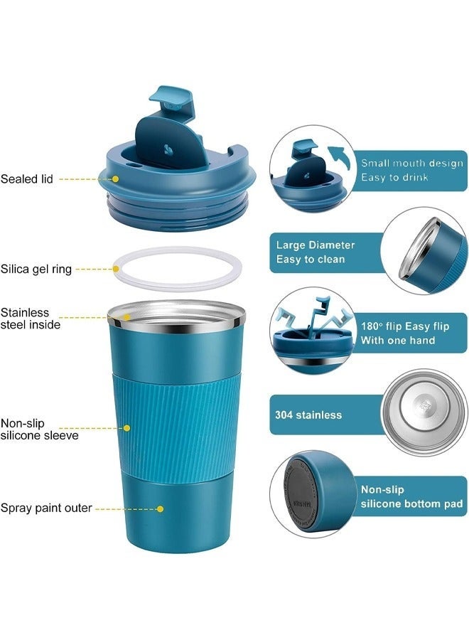 كيلا كوب قهوة للسفر مقاوم للانسكاب ومضاد للتسرب، سعة 16 أونصة، كوب قهوة معزول بغطاء لولبي، كوب قهوة حراري قابل لإعادة الاستخدام من الفولاذ المقاوم للصدأ، مناسب للمشروبات الساخنة والباردة - 510 مل، أزرق - Image 2