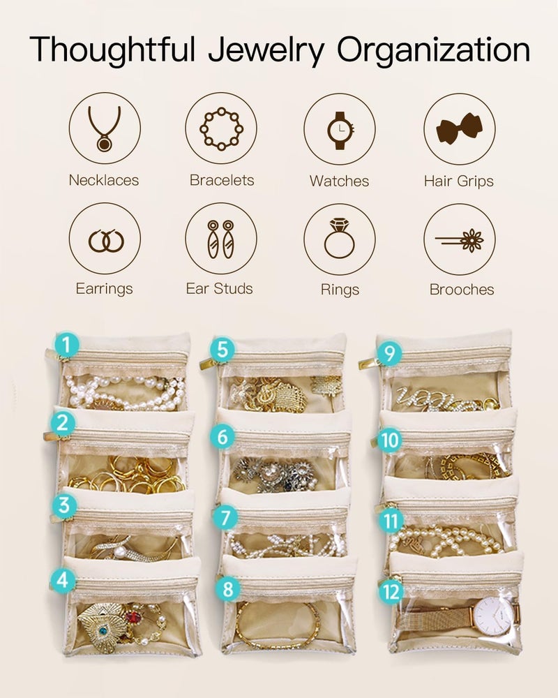 VLANDO Travel Jewellery Organiser,PU Leather Jewellery Box with 12 Velvet Jewellery Pouch, Jewellery Case for Necklace,Ring, Gifts for Women, White-L - Image 5