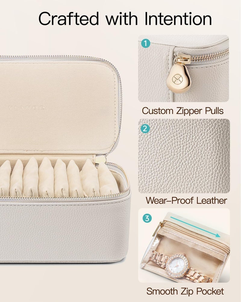 VLANDO Travel Jewellery Organiser,PU Leather Jewellery Box with 12 Velvet Jewellery Pouch, Jewellery Case for Necklace,Ring, Gifts for Women, White-L - Image 3