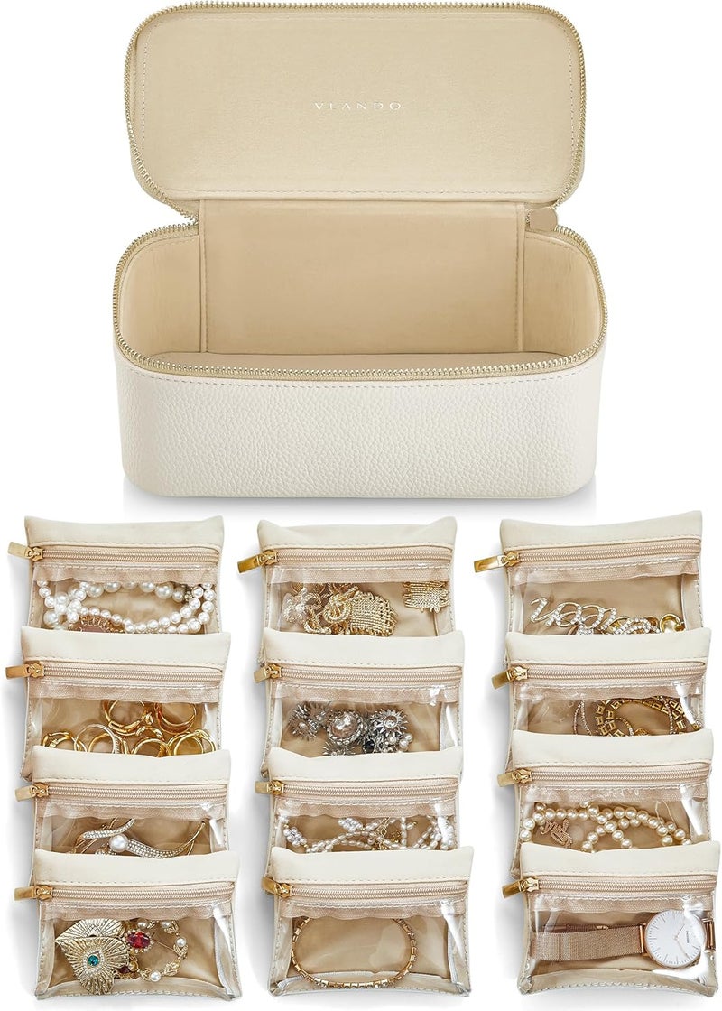 VLANDO Travel Jewellery Organiser,PU Leather Jewellery Box with 12 Velvet Jewellery Pouch, Jewellery Case for Necklace,Ring, Gifts for Women, White-L - Image 1