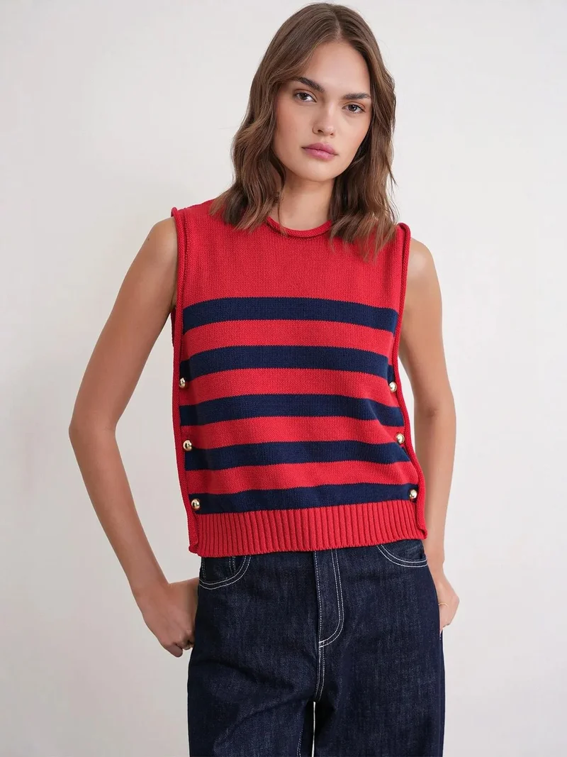 MixRay MIXRAY Striped Knit Top with Button Detail