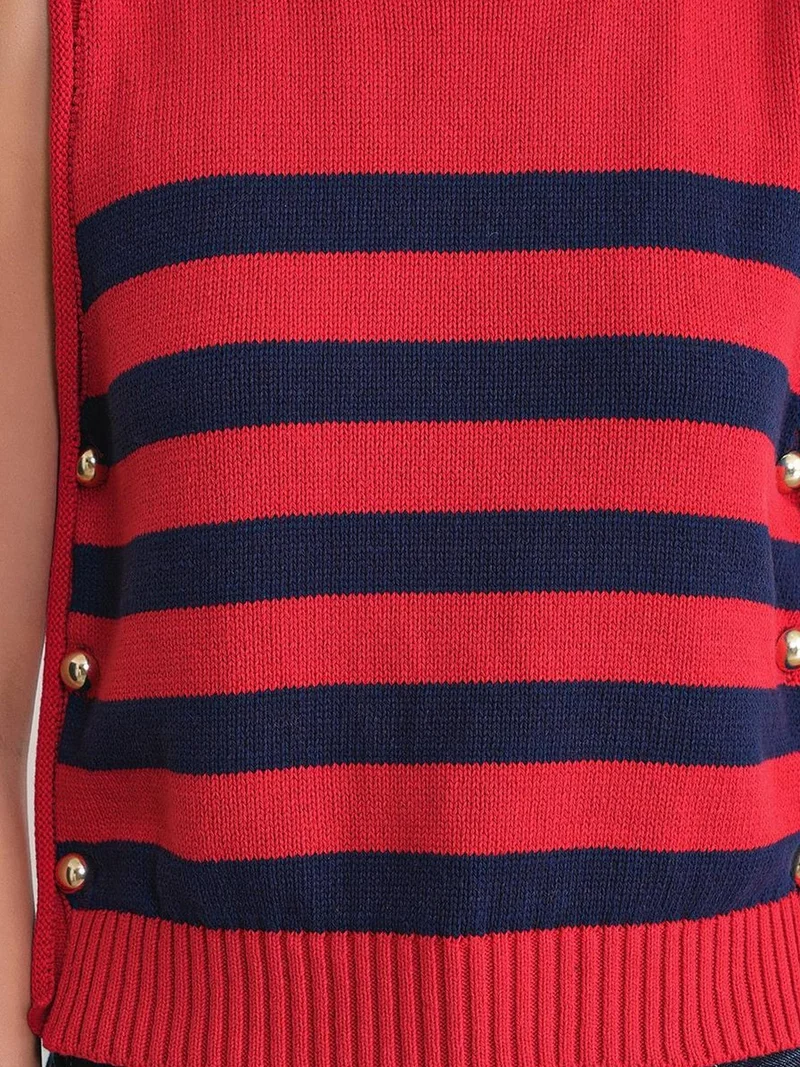 MixRay Red MIXRAY Striped Knit Top with Button Detail for Women | Best Price UAE