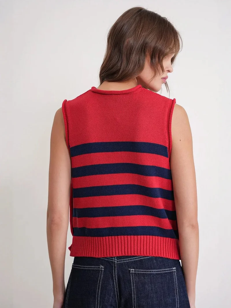 MixRay Red MIXRAY Striped Knit Top with Button Detail for Women | Best Price UAE