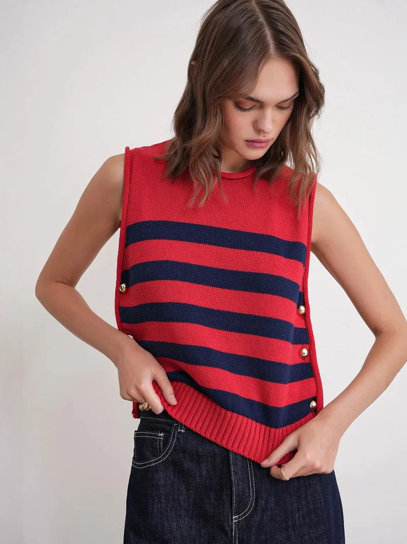 MixRay Red MIXRAY Striped Knit Top with Button Detail for Women | Best Price UAE