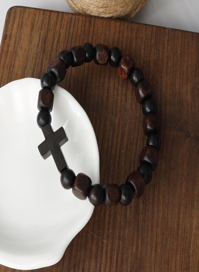 MILAKOO Religious Bracelet Christian Jesus Cross Brown Square Wooden Beads Chunky Geometric Bangle - Image 4