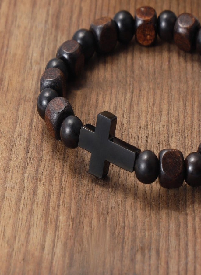 MILAKOO Religious Bracelet Christian Jesus Cross Brown Square Wooden Beads Chunky Geometric Bangle - Image 5