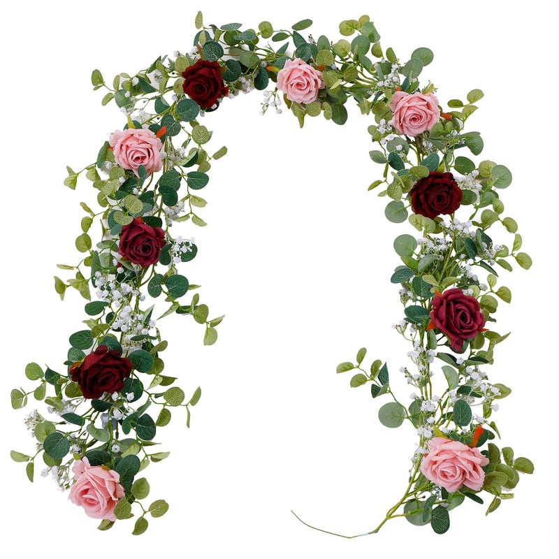 Annas Whimsy 591FT Artificial Eucalyptus Garland with Roses and Gypsophila Faux Floral Garland Greenery for Wedding Spring Party Art Table Runner Decor Dusty Pink 1