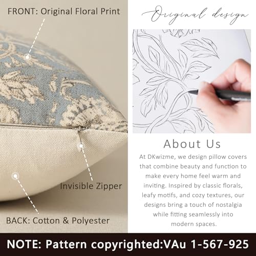 DKwizme Vintage Floral Print Throw Pillow Covers 20x20 Set of 2 Neutral Modern Farmhouse Pillowcases Accent Decorative Cushion Covers Boho Home Decor for Couch Sofa Chair Bed Living Room, Sky Blue - Image 3