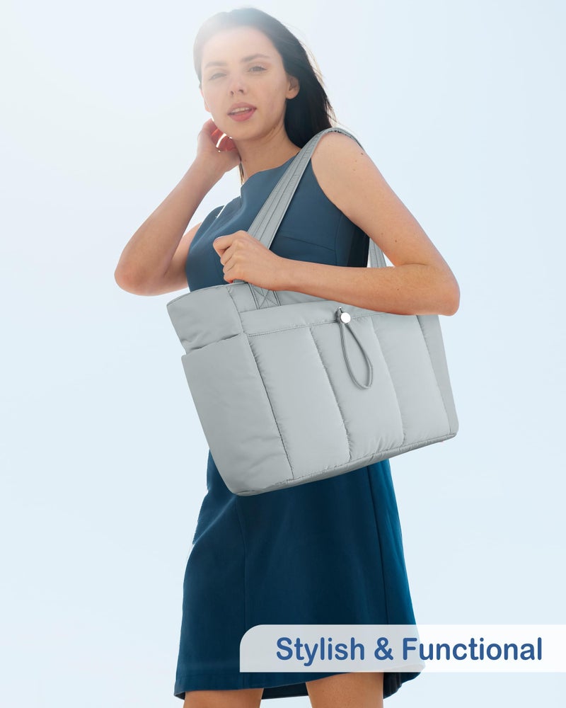 TOPDesign Puffy Tote Bag for Women with Cup Holder & Laptop Compartment & Cosmetic Bag & Trolley Sleeve for Work, Travel (M Light Grey) - Image 3