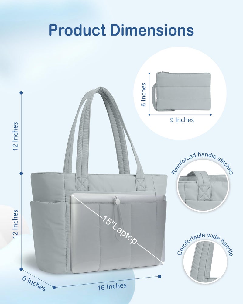 TOPDesign Puffy Tote Bag for Women with Cup Holder & Laptop Compartment & Cosmetic Bag & Trolley Sleeve for Work, Travel (M Light Grey) - Image 5