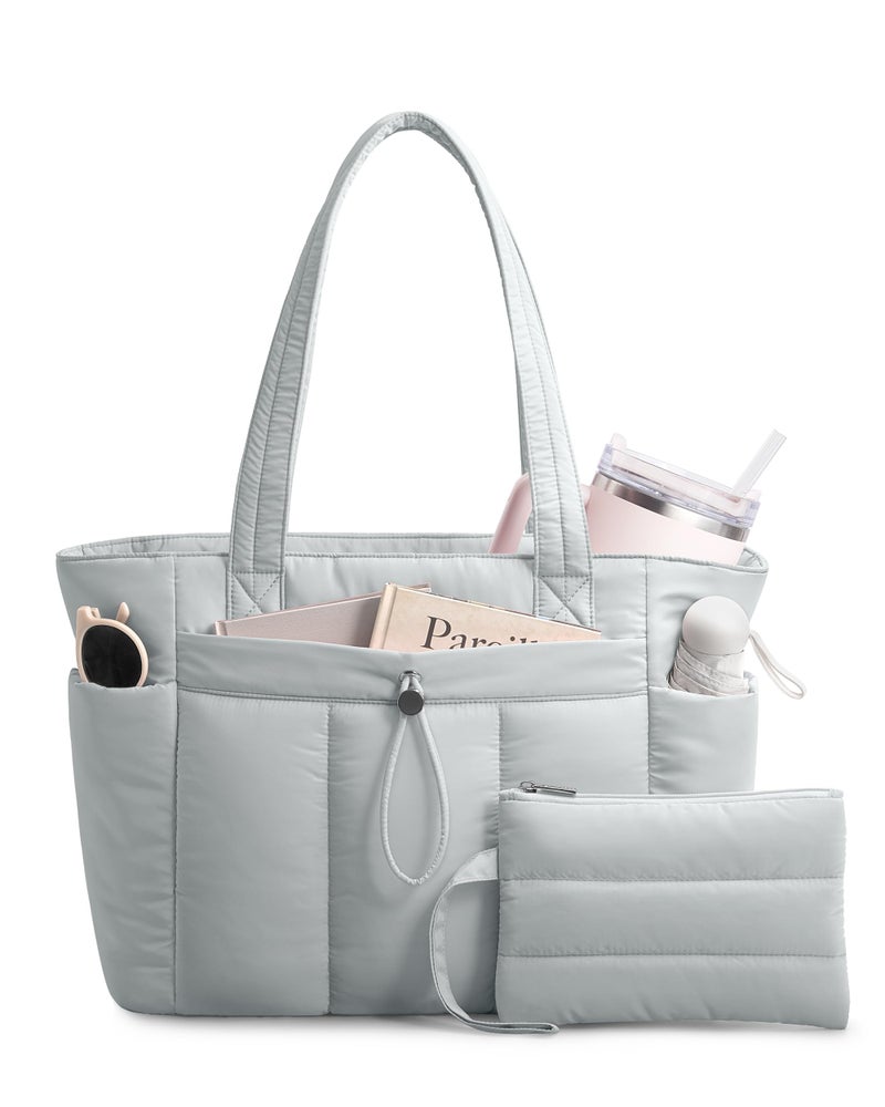 TOPDesign Puffy Tote Bag for Women with Cup Holder & Laptop Compartment & Cosmetic Bag & Trolley Sleeve for Work, Travel (M Light Grey) - Image 1