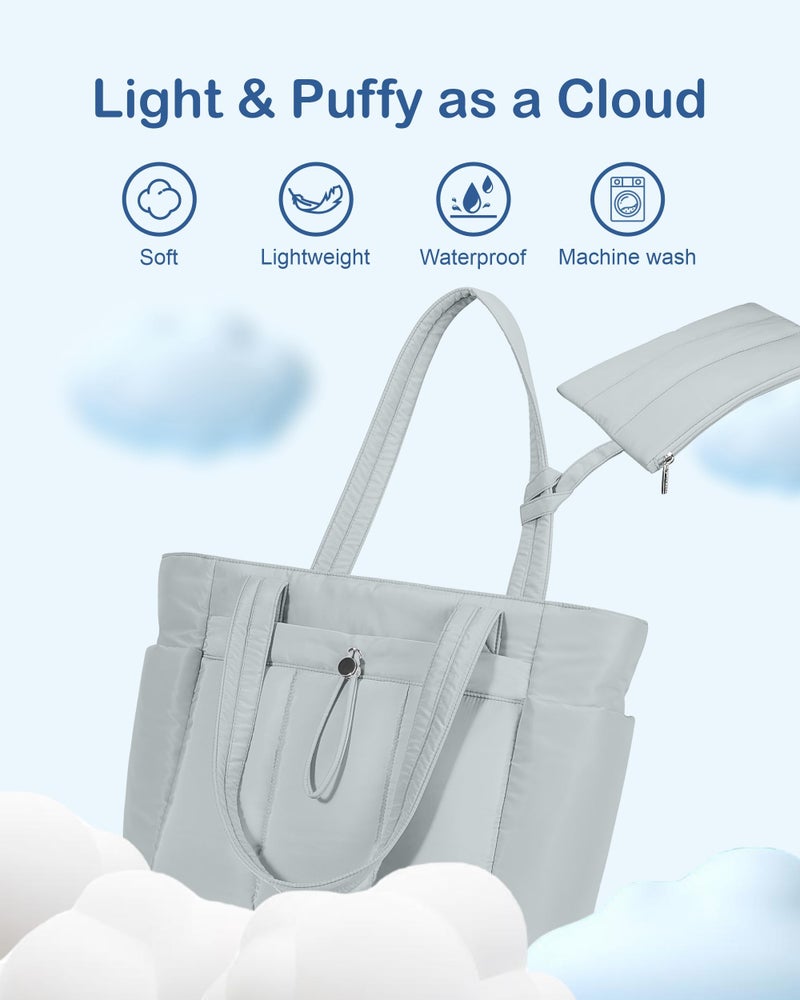 TOPDesign Puffy Tote Bag for Women with Cup Holder & Laptop Compartment & Cosmetic Bag & Trolley Sleeve for Work, Travel (M Light Grey) - Image 4