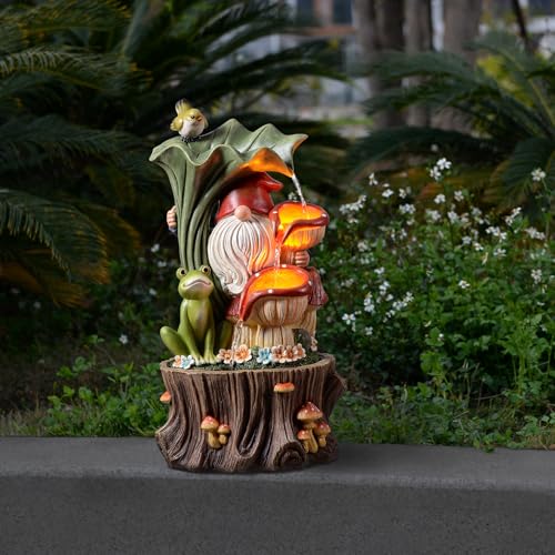 Kalona Gnome Outdoor Waterfall Fountain with LED Lights, Resin Tree Stump Waterfall Fountain for Patio Balcony Yard, 21" Tall Garden Water Feature 25007 - Image 3