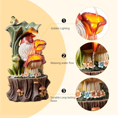 Kalona Gnome Outdoor Waterfall Fountain with LED Lights, Resin Tree Stump Waterfall Fountain for Patio Balcony Yard, 21" Tall Garden Water Feature 25007 - Image 4
