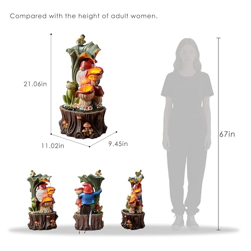 Kalona Gnome Outdoor Waterfall Fountain with LED Lights, Resin Tree Stump Waterfall Fountain for Patio Balcony Yard, 21" Tall Garden Water Feature 25007 - Image 5