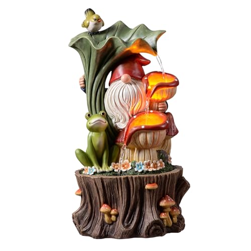Kalona Gnome Outdoor Waterfall Fountain with LED Lights, Resin Tree Stump Waterfall Fountain for Patio Balcony Yard, 21" Tall Garden Water Feature 25007 - Image 1