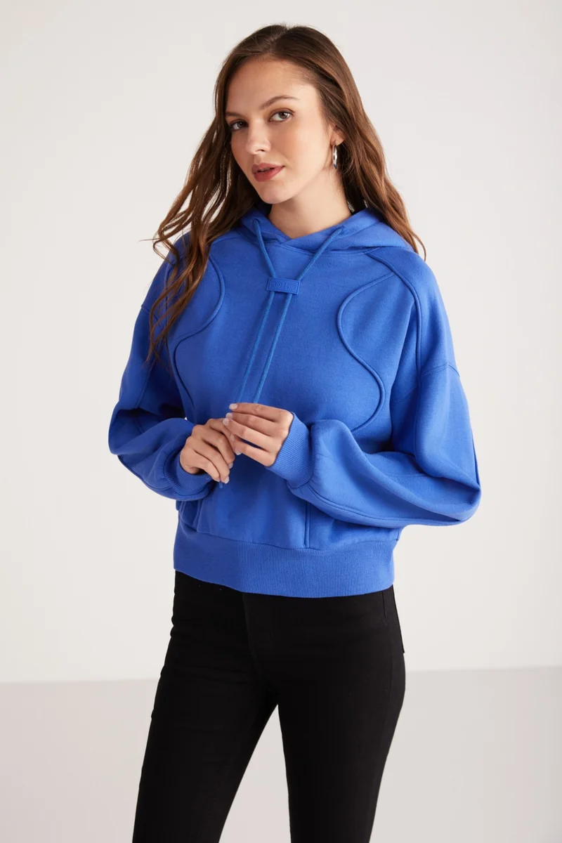 جريميلانج Kennedy Women's Polar Fleece Soft Hooded Piping Detailed Comfort Fit Blue Sweatshirt