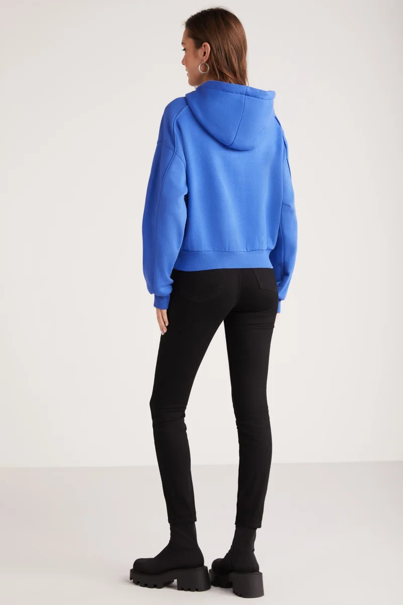 جريميلانج Kennedy Women's Polar Fleece Soft Hooded Piping Detailed Comfort Fit Blue Sweatshirt