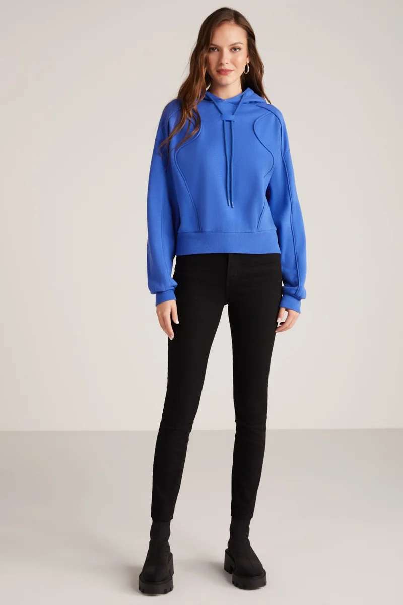 جريميلانج Kennedy Women's Polar Fleece Soft Hooded Piping Detailed Comfort Fit Blue Sweatshirt