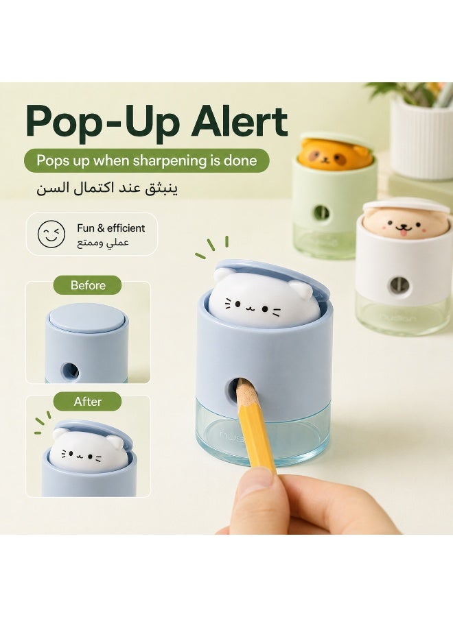 نيوساين مبراة أقلام يدوية بتصميم لطيف منبثق، شفرة من الفولاذ الكربوني، علبة نشارة شفافة، مناسبة لأقلام 6.9–8 مم، 3 ألوان - Image 2