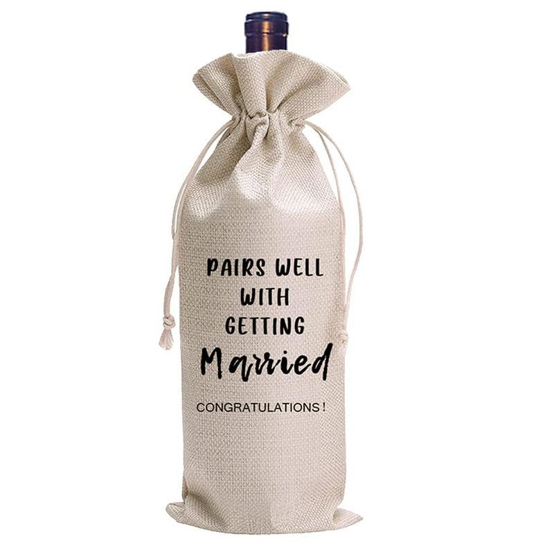 LANBAIHE Wedding Wine Bag Linen Wine Gift Bag Wedding Couples Bride and Groom Gifts Linen Drawstring Bags Pairs Well with Getting Married