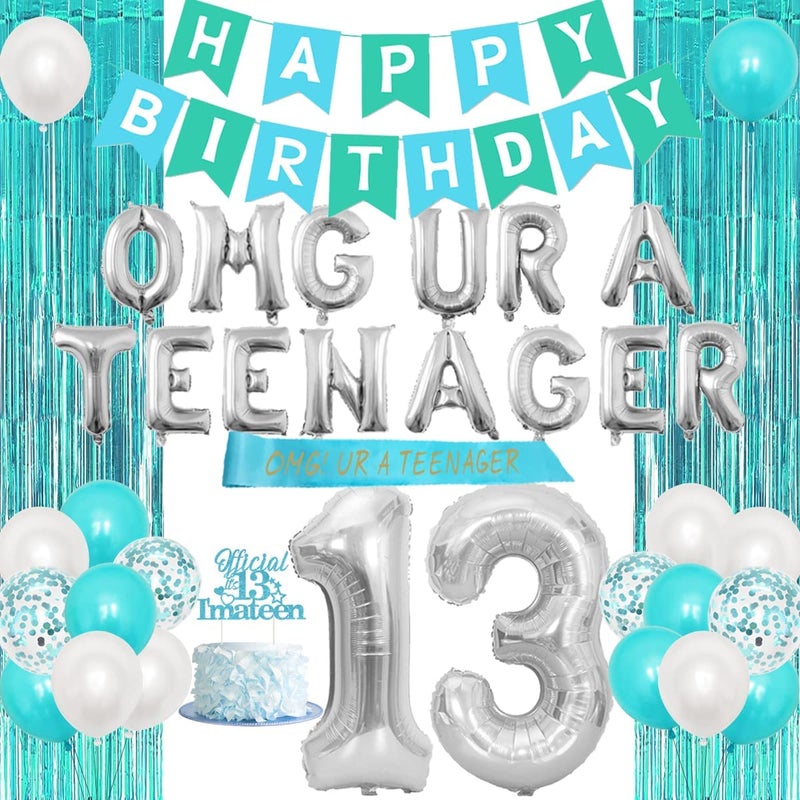 Serencatcher Omg Ur A Teenager Balloon Sash Teenager Birthday Party Decorations 13th Birthday Decorations for Girls Teal Blue Sweet 13 Happy Birthday Banner Cake Topper Foil Tinsel Curtain - Image 1