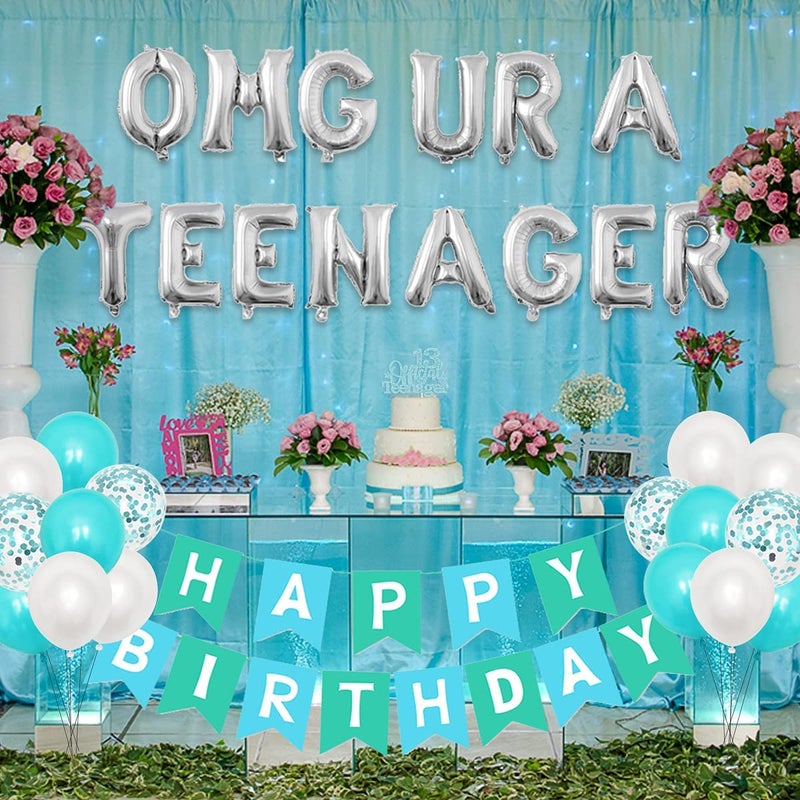 Serencatcher Omg Ur A Teenager Balloon Sash Teenager Birthday Party Decorations 13th Birthday Decorations for Girls Teal Blue Sweet 13 Happy Birthday Banner Cake Topper Foil Tinsel Curtain - Image 3