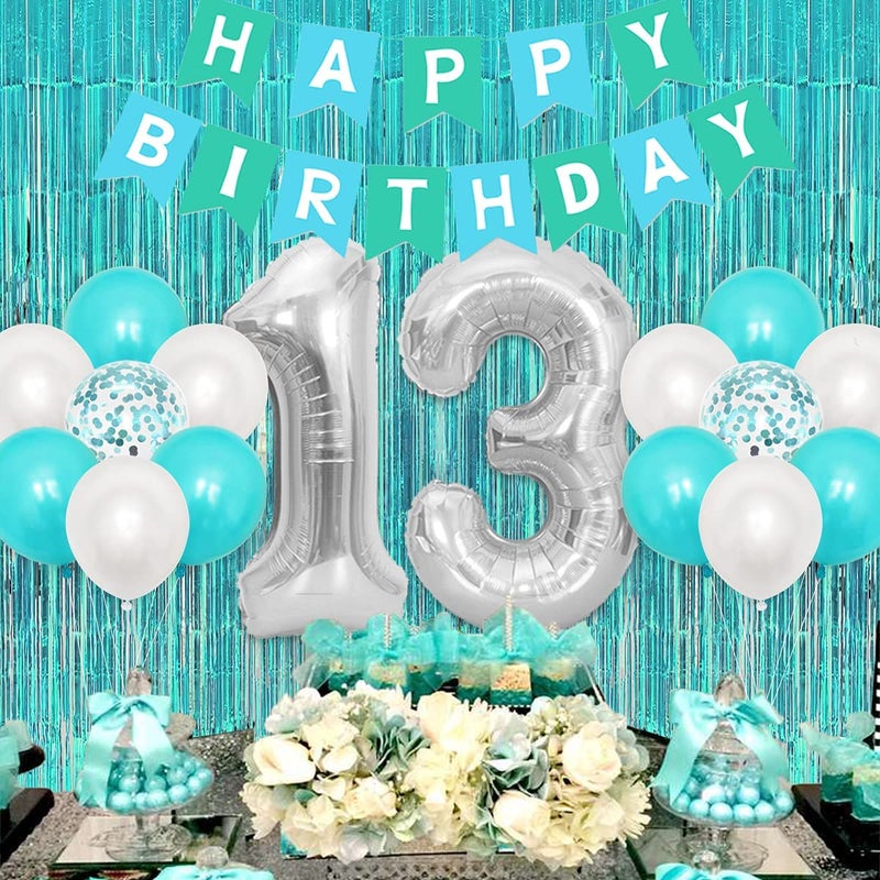 Serencatcher Omg Ur A Teenager Balloon Sash Teenager Birthday Party Decorations 13th Birthday Decorations for Girls Teal Blue Sweet 13 Happy Birthday Banner Cake Topper Foil Tinsel Curtain - Image 4