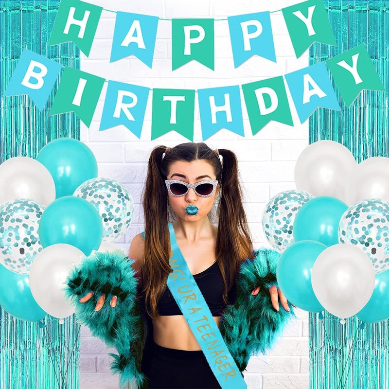 Serencatcher Omg Ur A Teenager Balloon Sash Teenager Birthday Party Decorations 13th Birthday Decorations for Girls Teal Blue Sweet 13 Happy Birthday Banner Cake Topper Foil Tinsel Curtain - Image 2