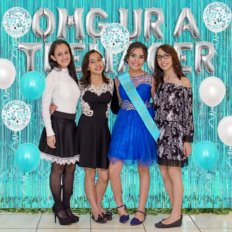 Serencatcher Omg Ur A Teenager Balloon Sash Teenager Birthday Party Decorations 13th Birthday Decorations for Girls Teal Blue Sweet 13 Happy Birthday Banner Cake Topper Foil Tinsel Curtain - Image 5