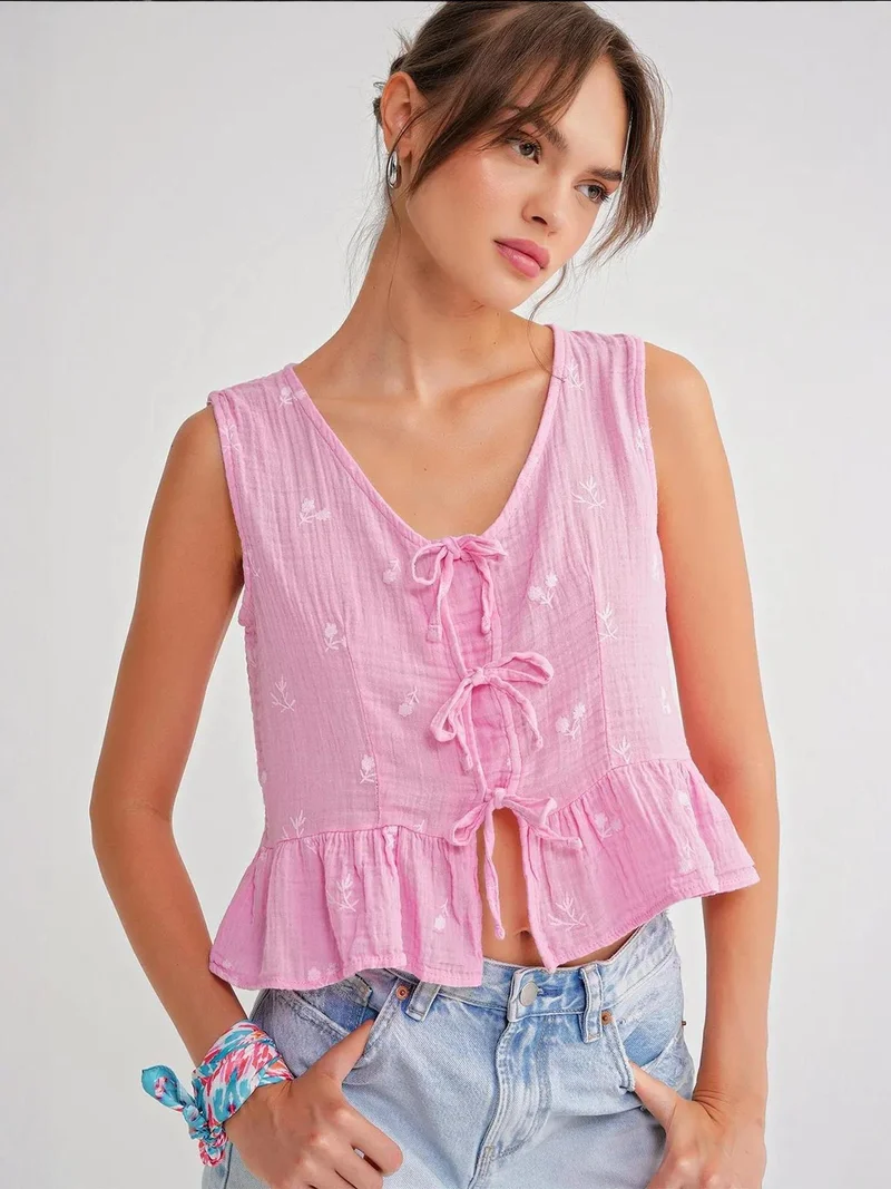 MixRay Mixray Textured V-Neck Crop Blouse with Bow
