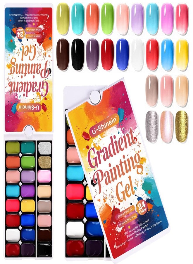U-Shinein 24 Colors Gradient Painting Gel,Hema＆TPO Free Ombre Nail, Shimmer Glitter Gold&Silver Pearlescent Painting Gel Polish Palette,Pat Paint Perfect for Beginner DIY Nail Art, Home&Salon Manicure,SET A - Image 1