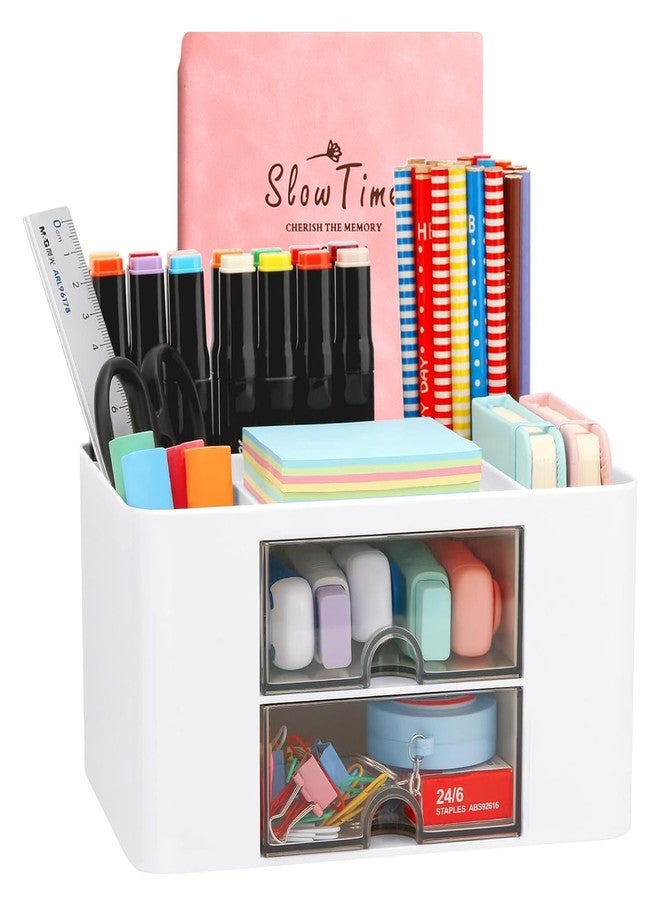 Wlevzzor Creative & Simple Desk Organiser, 7 Grids, Plastic Table Organiser with Drawer, Multifunctional Desk Organiser, Pen Holder for School, Office, Home (White) - Image 1