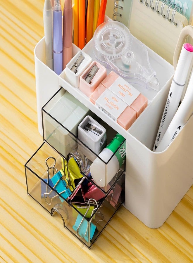 Wlevzzor Creative & Simple Desk Organiser, 7 Grids, Plastic Table Organiser with Drawer, Multifunctional Desk Organiser, Pen Holder for School, Office, Home (White) - Image 2