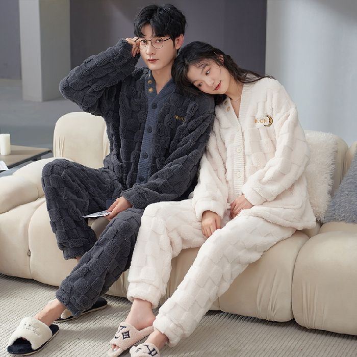Couple Pajamas Coral Fleece Home Clothes For One Man And One Woman Flannel Thickened Fleece-Lined Warm Kimono Suit - Image 2