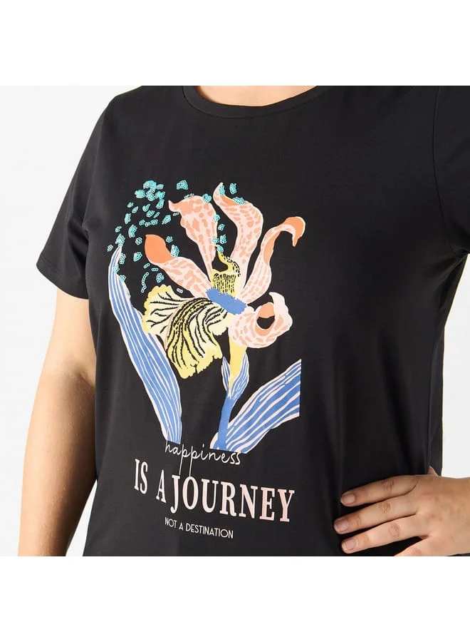 Ulla Popken Plus Size Ulla Popken Graphic Print T-shirt with Crew Neck