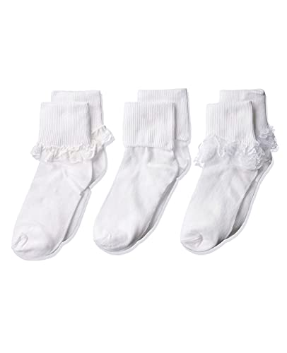 Jefferies Socks Big Girls Eyelet Lace/Turn Cuff/Fancy Lace Girls Socks 3 Pack, White, X-Small - Image 1