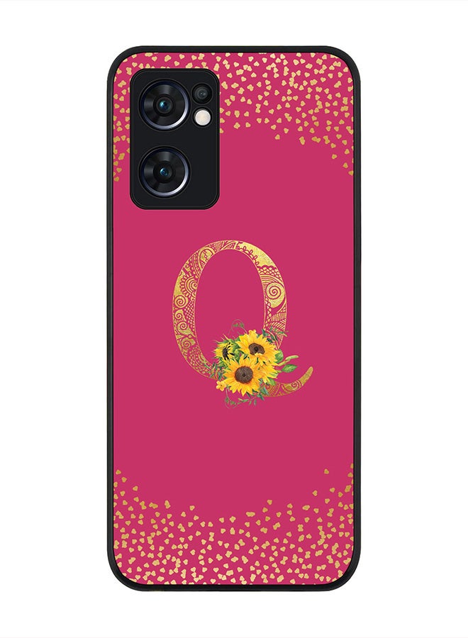 Stylizedd Rugged Black Edge Case for Oppo Reno7 5G , Slim fit Thin Cover -  Custom Monogram Initial Letter Mandala Floral Pattern Alphabet- Q (Dark Pink Rose) - Image 1